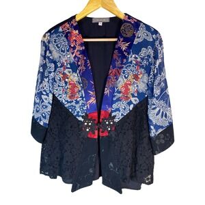 Vintage SA2 Asian Floral Embroidered Lace Cardigan Boho Statement M Artsy Kimono